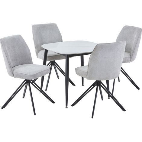 Aspen Gloss White Sintered Stone Square Table & 4 Light Grey Swivel Dining Chairs - Metal/Fabric - L69 x W46 x H92 cm