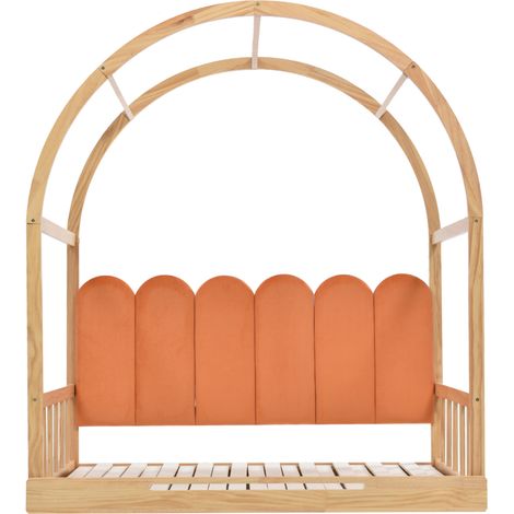 (Avec matelas) Lit cabane extensible à toit cintré, lit coulissant, lit enfant, lit de jour, lit double, coussins en velours, cadre en pin, naturel et orange (140x100cm&140x200cm) (1/5)