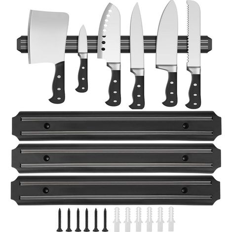 3 Pieces Porte Couteaux Aimanté Cuisine, 33cm Barre à Couteaux Aimantée avec 6 Vis, Porte Couteau Fixation Mural, Magnétique Couteaux, Range Couteaux Noire pour Couteaux de Cuisine (1/5)