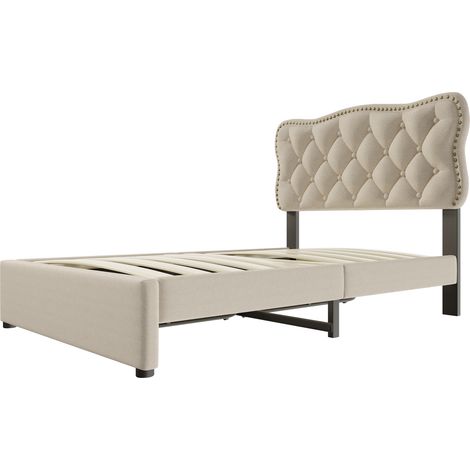 Letto imbottito 90 x 200 cm con 2 cassetti, rivestimento in lino, MDF, beige (1/5)