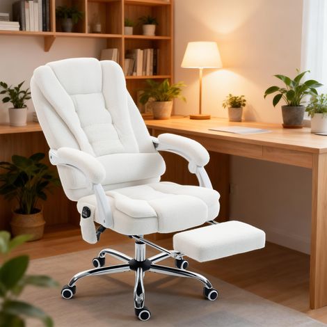 Sillón ejecutivo de oficina con función de masaje, calefacción, altura regulable, respaldo reclinable y tapizado en tela de lino blanco.