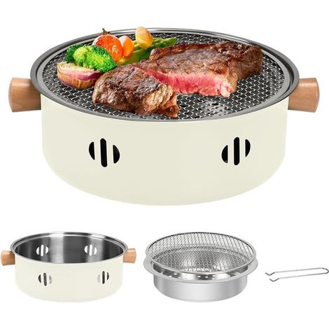Tragbarer Holzkohlegrill einteiliger Mini-Grill multifunktionaler rauchfreier runder Holzkohletischgrill geeignet für drinnen und draußen und beige (1/5)