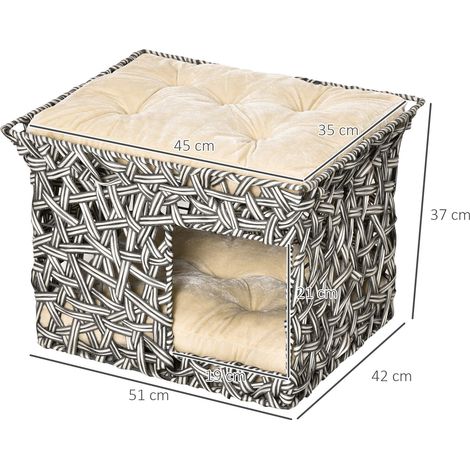 PawHut Cesta per gatti a 2 livelli in rattan, cuccia a forma di grotta, casetta per gatti con 2 morbidi cuscini, struttura in metallo, 51x42x37 cm, grigio e beige (1/5)