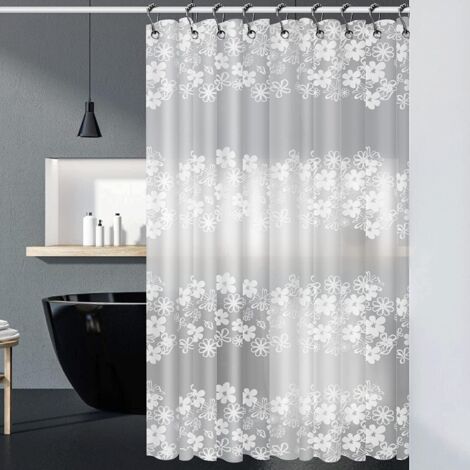 Wasserdichter Duschvorhang, EVA [Anti-Schimmel] [Beschwerter Saum] Eleganter Duschvorhang mit 12 Haken, 180 x 180 cm - Blumenmuster - Durchscheinend