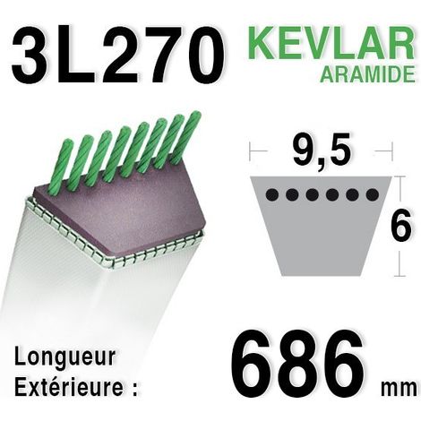 Courroie pour moteur thermique 3L27 – Longueur 686 mm – Largeur 9,5 mm – Compatible tondeuses et motoculteurs