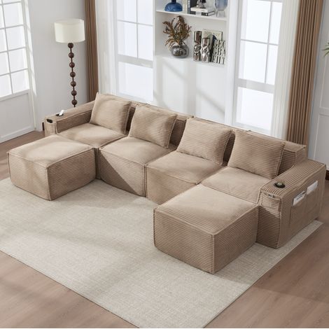 Sofá modular 4 plazas 330x162x75 cm caqui en pana con 2 pufs, portavasos y bolsillos laterales (1/5)