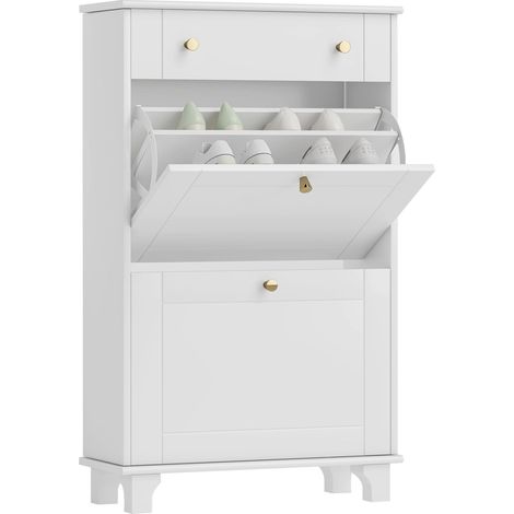 Meuble chaussure entrée étroit avec tiroirs à portes abattants et étagère réglable, 60 x 23,5 x 98,5 cm, blanc (1/5)