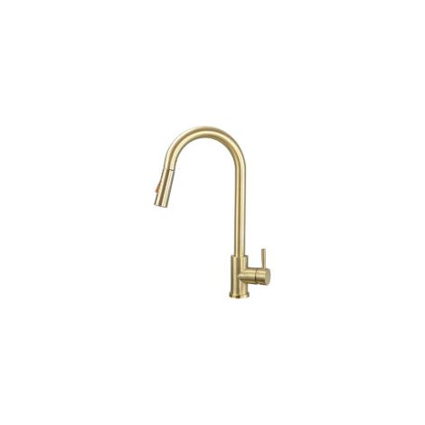 Grifo de cocina extraíble con protección antisalpicaduras, rotación de 360°, diseño ligero, color dorado - Crezuo (1/3)