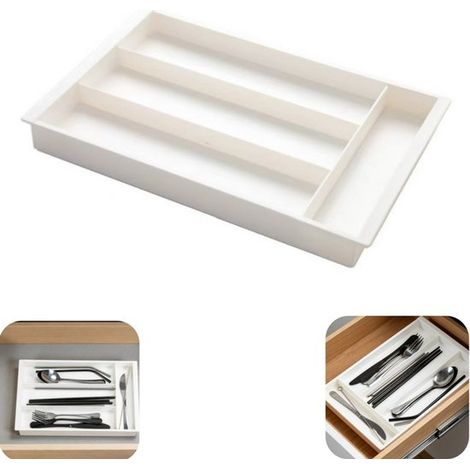 Boîte de rangement pour couverts - bac organisateur réglable pour baguettes et ustensiles, blanc, 32 x 21 x 3 cm (1/5)