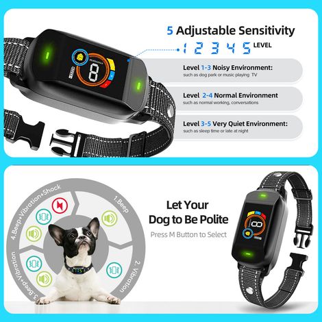Collier de dressage pour chiens avec écran couleur, étanche IP67, rechargeable, avec modes bip, vibration et choc électrique sécurisé, 5 niveaux de sensibilité réglables, pour chiens de petite, moyenn (1/2)