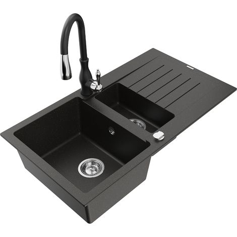 Mexen Matias fregadero de granito de 1,5 senos con escurridor y grifo de cocina Savita, negro/dorado - 6502-75-672601-70