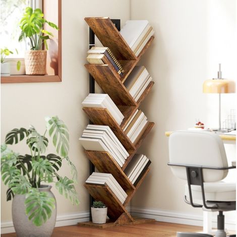 Librería de pie con 9 niveles en forma de árbol, estrecha, color marrón rústico, OKWISH (1/5)