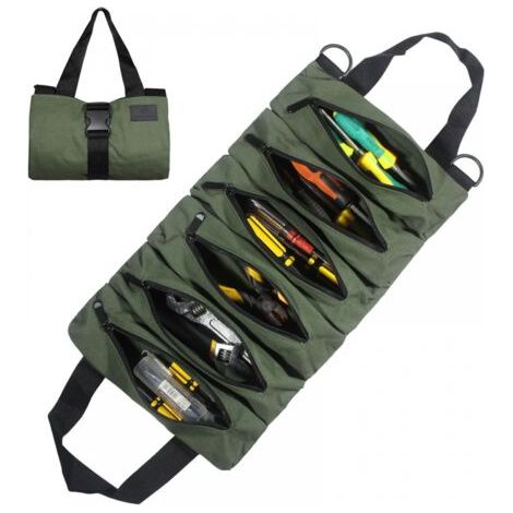 (Grün) Bolsa de herramientas Multifunktional en rollo de lona Bolsa de herramientas Tragbar con 6 bolsillos con cremallera adecuada für el Zuhause diario, carpintería, herramientas de electricista (1/4)