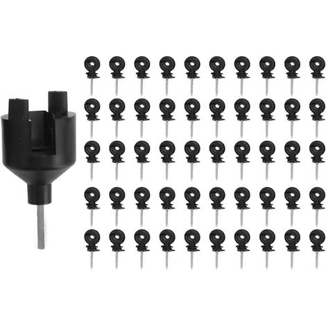 Packung mit 50 Schraubisolatoren für Elektrozäune, kompatibel mit Holzpfosten, inklusive Montagewerkzeug.