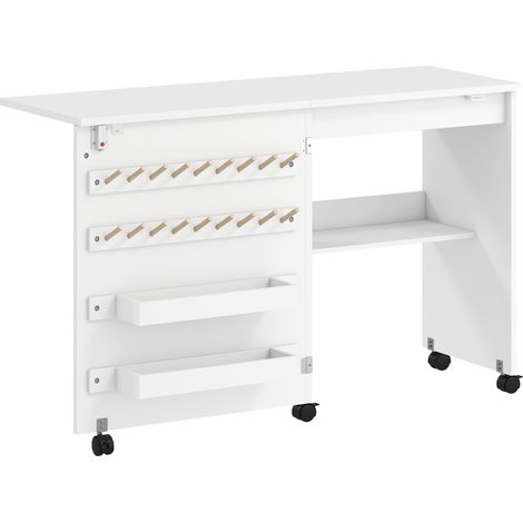Table de couture pliante et meuble couture roulant - Blanc - Porte magnétique de grange, 2 bacs, étagère et 18 chevilles - Pour couture - Design pratique (1/5)