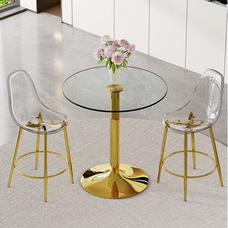 Set bar rotondo Ø89 cm in vetro e metallo dorato, 2 sgabelli trasparenti - MEUBLIV (1/5)