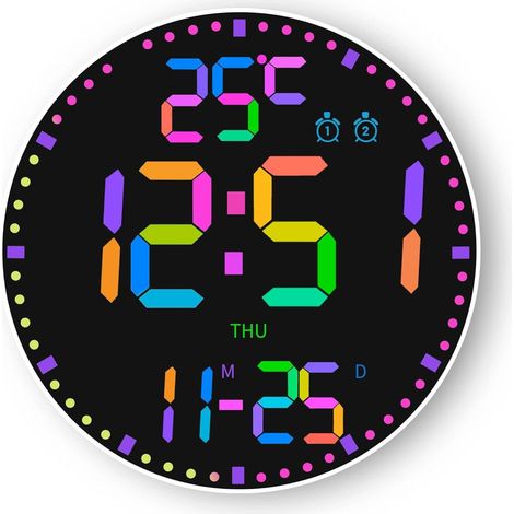 Horloge Murale LED Ronde 29.5CM télécommande RGB 12 couleurs température humidité date alarme luminosité auto salon (1/5)
