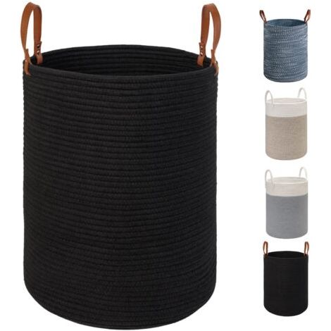 [NIEMALS VERWENDET] Extragroßer Wäschekorb – 39,9 cm (T) x 50 cm (H) – faltbarer, aus Baumwollseil gewebter Korb mit Ledergriffen zur Aufbewahrung von Kleidung, Windeln und Spielzeug (schwarz)