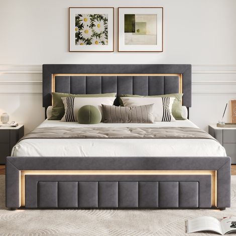 Letto imbottito 140x190 cm, Tessuto velluto, Vano portaoggetti idraulico e luce LED, Rete a doghe inclusa, Grigio (1/5)