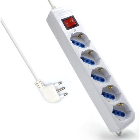 Multipresa a 5 Posti, Ciabatta Elettrica con 5 Prese Italiane 10A/16A e Schuko (Tedesche) - Spina Italiana 16A - Potenza 250V/2500W - Cavo da 1,5 Metri, Prese Angolate a 45° (1/4)