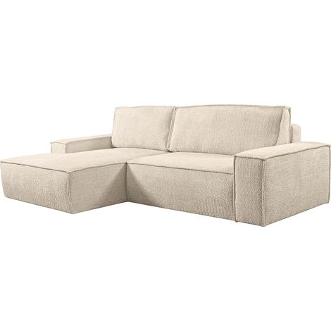 Vente-Unique – Canapé d'angle convertible 4 places en tissu bouclette beige – Angle gauche – Déhoussable – Coffre de rangement – Fabrication éco-responsable