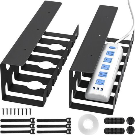 Chemin de Cable Bureau (Set de 2) - Passe Cable Bureau en Acier - Montage Rapide et Facile - Cache Cable - Cable Management Solide et Pratique 5kg Max, Noir (1/4)