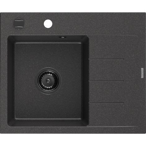 Mexen Ben Granitspüle 1-Becken mit linken Abtropffläche 600 x 500 mm, schwarz gesprenkelt, schwarzer Siphon - 6522605000-76-B
