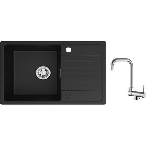 Lavello da cucina Cecipa 1 vasca con gocciolatoio, lavello da cucina in quarzo e resina 78x45 cm Lavello nero di grande capacità + rubinetto da cucina pieghevole Miscelatore lavello pieghevole spazzol (1/5)