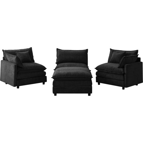 Divano angolare modulare a L 3 posti in ciniglia nera con chaise longue e pouf MODENUIT (1/5)