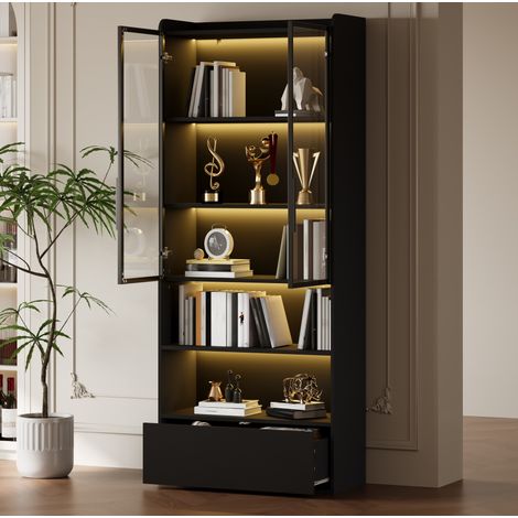 Vetrina alta 80 x 34 x 180 cm con 1 cassetto, LED e ante in vetro nere DESVIAE (1/5)