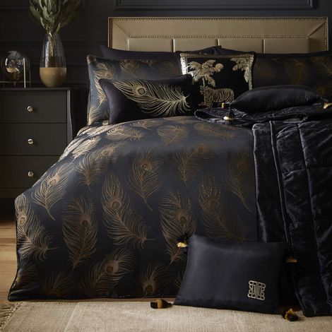 Housse de Couette Plumes de Paon Noir 260 x 220 cm 2 taies d'oreiller Parure de lit Jacquard en Noir et Or Literie Housse de Couette Oiseau Paon (1/4)