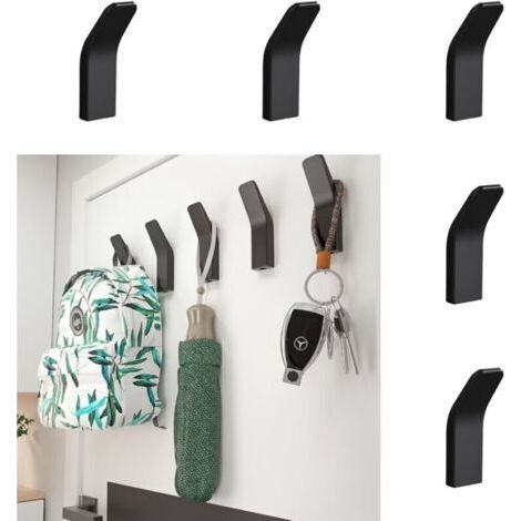 5 Pack Black Adhesive Towel Hooks, Heavy Duty Stick on Wall Door, Nail Free, for Hanging Towels, Coats, Clothes, for Bathrooms (1/5)