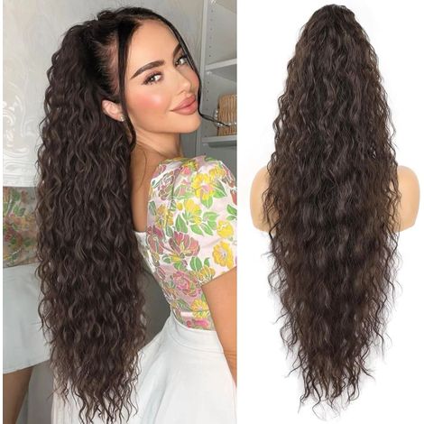 Ponytail Cheveux Naturel avec Pince Brun Foncé 76 cm Postiche Queue de Cheval Longue Bouclée Ondulée Extension Cheveux Naturel Queue de Cheval Synthétique pour Femme (1/5)