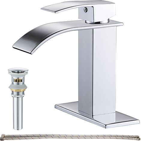 Robinet de salle de bain à bec cascade, robinet d'évier de salle de bain à poignée unique, robinet mitigeur de lavabo avec bonde pop-up en laiton massif chromé (1/5)