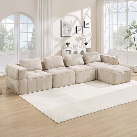 Canapé d’angle modulable XL 4 places avec pouf, canapé en L en tissu avec assise épaisse et modules séparables Beige crème, 344 x 162 x 67 cm (1/5)