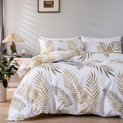 Housse de Couette 200x200 avec 2 Taies d'oreiller 65x65cm Motif Feuilles Or (1/5)