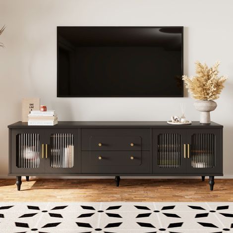 Mueble de TV negro, 4 puertas de cristal, 2 cajones, patas de madera, múltiples compartimentos de almacenamiento, 175 x 38 x 55,5 cm