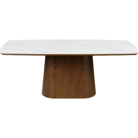 Table à manger 8 personnes effet marbre et bois - Bois foncé - RENO