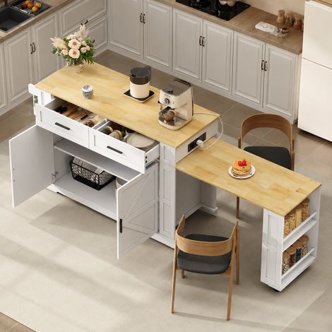 Îlot de cuisine extensible 120x50 cm avec rangement et prises USB, chariot mobile à roulettes, Blanc et Chêne (1/5)