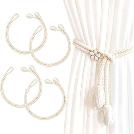 4pcs Embrasses de Rideaux, Embrasse pour Rideaux Grandes Perles, Embrasse Rideau Coton Faite à la Main, Embrasses à Rideaux, Cravates de Rideau, Embrasse Rideaux (Beige)