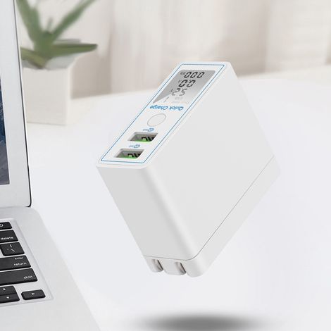 Chargeur Double Port USB Blanc Rapide QC3.0 avec Affichage LCD Intelligent, Compatible Téléphone et Tablette, 100-240V Prise Europe