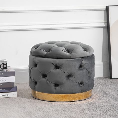 Tabouret vintage, banc de rangement, repose-pieds, tabouret rembourré, métal, mousse, gris anthracite, 55 x 55 x 42 cm (1/5)