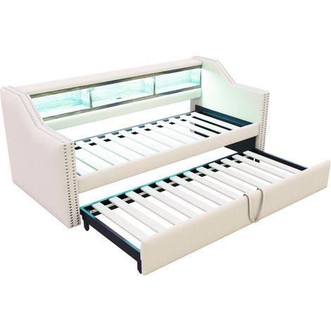 Canapé-lit escamotable 90/180 x 190 cm avec rangement, LED et port USB, beige (1/5)