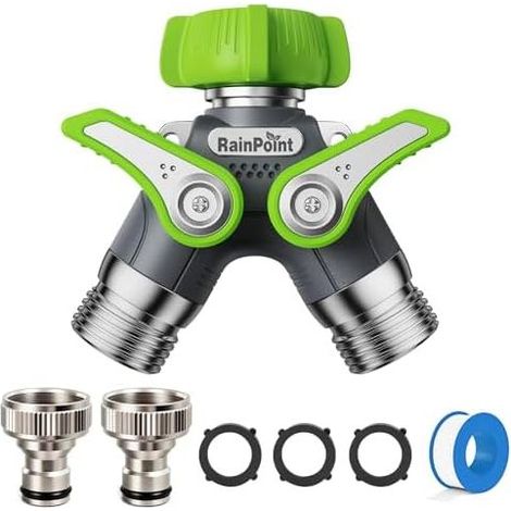 Doppelhahn (3/4"), Gehäuse aus 100 % Metall, 2-Wege-Verteiler mit separatem Schalter und 3/4"-auf-1/2"-Adapter, einstellbarer Wasserdurchfluss, abschließbar, für Waschmaschine, Garten/Grün/2-Wege (1/5)