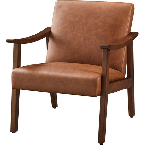 Homevive Butaca de Salón Tapizado en Polipiel Sillón Individual con Respaldo Acolchado Patas de Madera Maciza Capacidad de 136 kg, Marrón