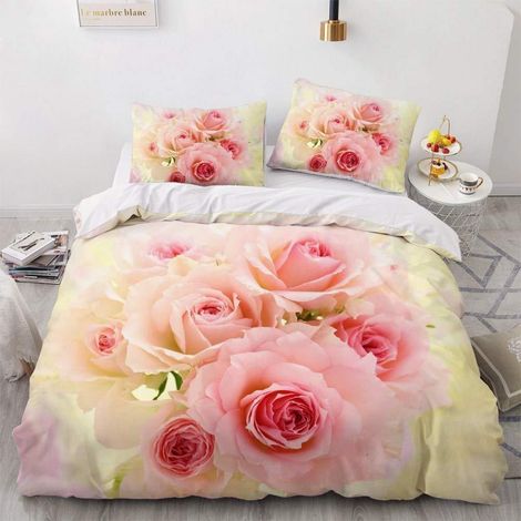 Bettwäsche-Set 200x220cm Rosa Rosen 3D-Druck Microfaser mit Reißverschluss