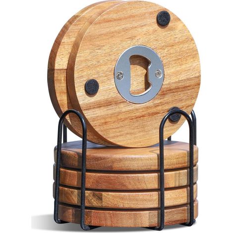 Holz Untersetzer 6er Set mit Flaschenöffner für Getränke Tassen Bar (1/5)