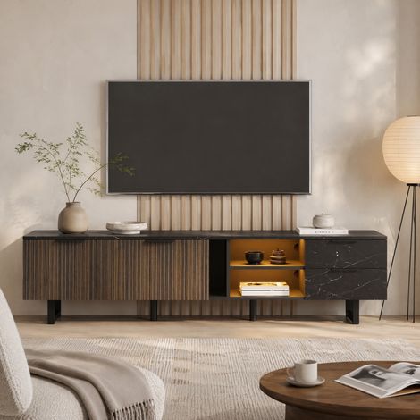 Mobile TV 200 cm con LED multicolore, 2 ante, 2 cassetti, nero effetto marmo e legno DESVIAE (1/5)