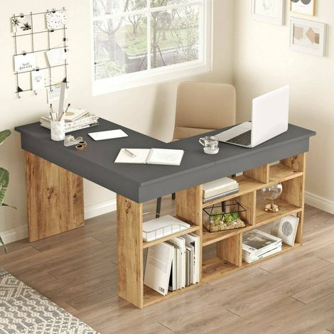 Dmora - Schreibtisch Dfavasul, Mehrzweckschreibtisch, Bürotisch für PC, Eckschreibtisch, 129x120h72 cm, Eiche und Schwarz (1/5)