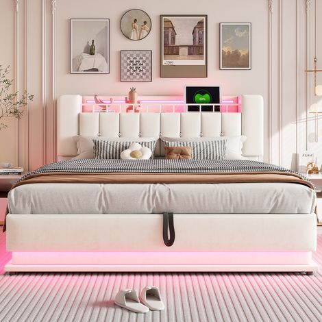 DESMIU Lit coffre 180 × 200 cm 2 places avec LED, USB, rangement hydraulique, sans matelas, en velours, beige (1/5)